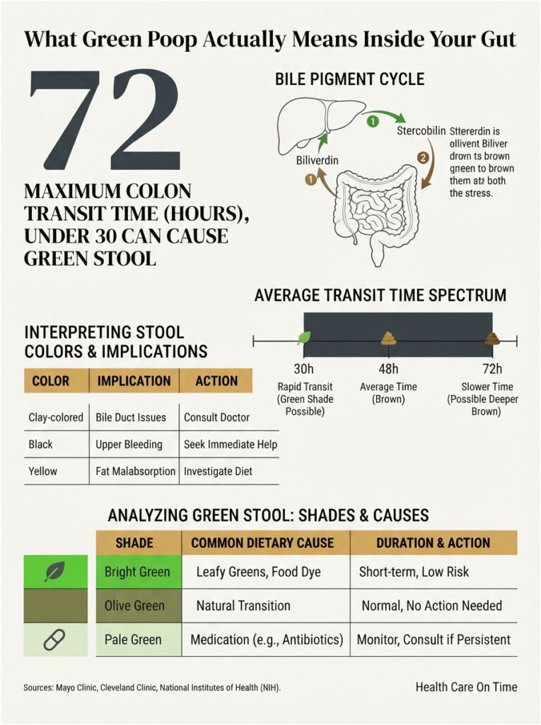 Infographic explaining green stool causes, transit times, and implications with charts and color-coded data.