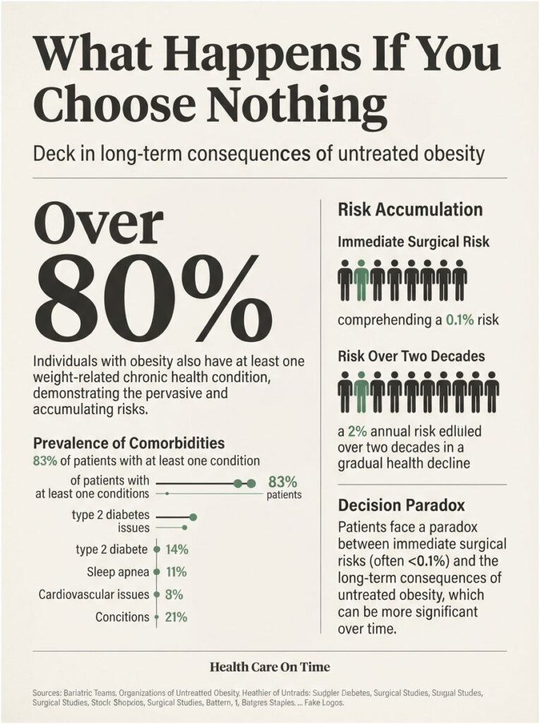 Infographic showing obesity risks, including 80% with chronic conditions and surgical risks over time.