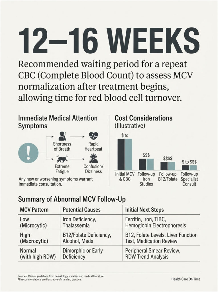 Infographic detailing waiting period for CBC, symptoms, costs, and MCV follow-up steps with charts and icons.