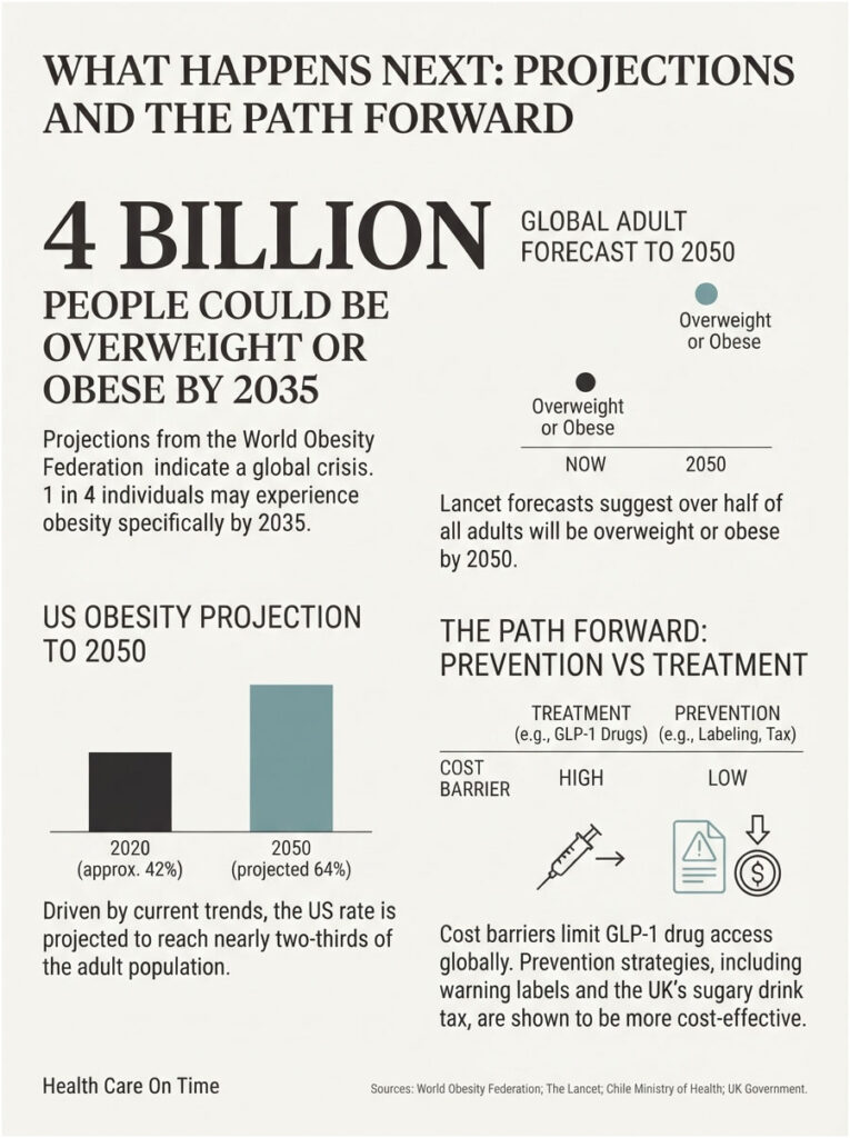 Infographic showing obesity projections, with statistics and treatment vs prevention strategies for 2035 and 2050.