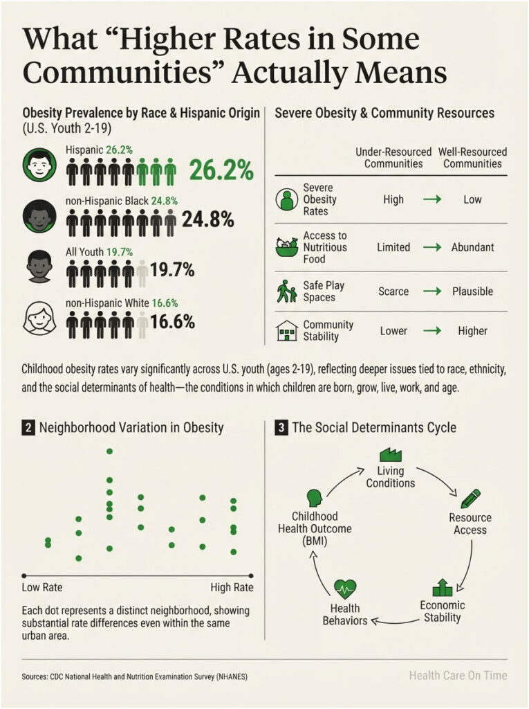 Infographic showing obesity prevalence by race, severe obesity resources, and neighborhood variation in U.S. youth.