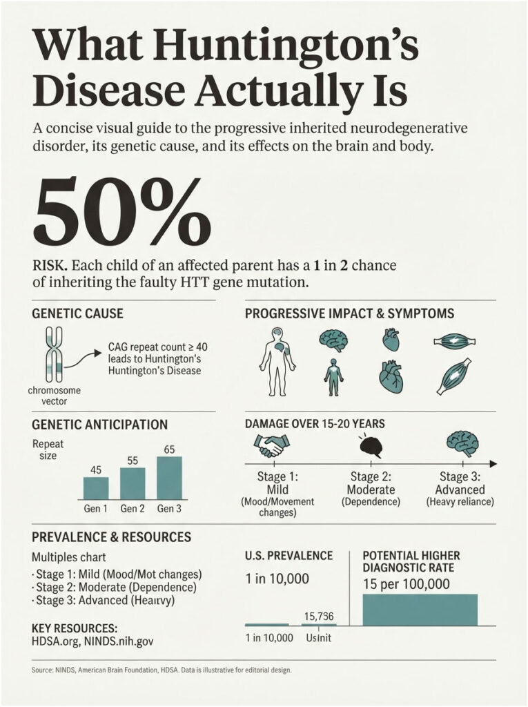 Infographic explaining Huntington's Disease, showing risk, genetic cause, symptoms, and prevalence data.