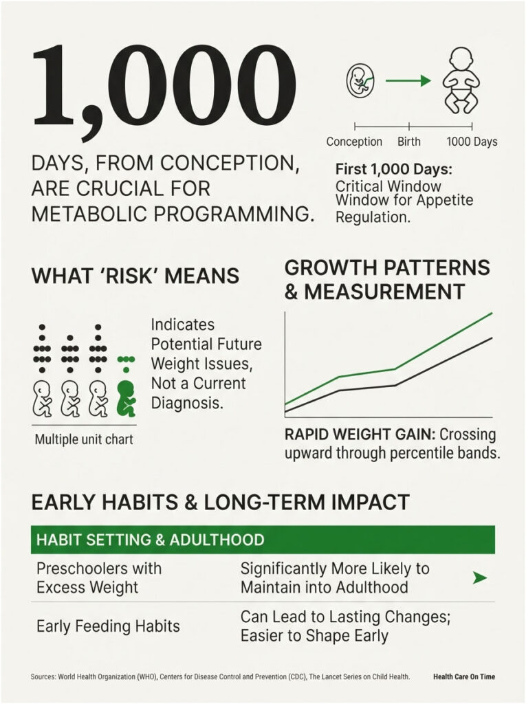 Infographic illustrating the importance of the first 1,000 days for metabolic programming with charts and data.