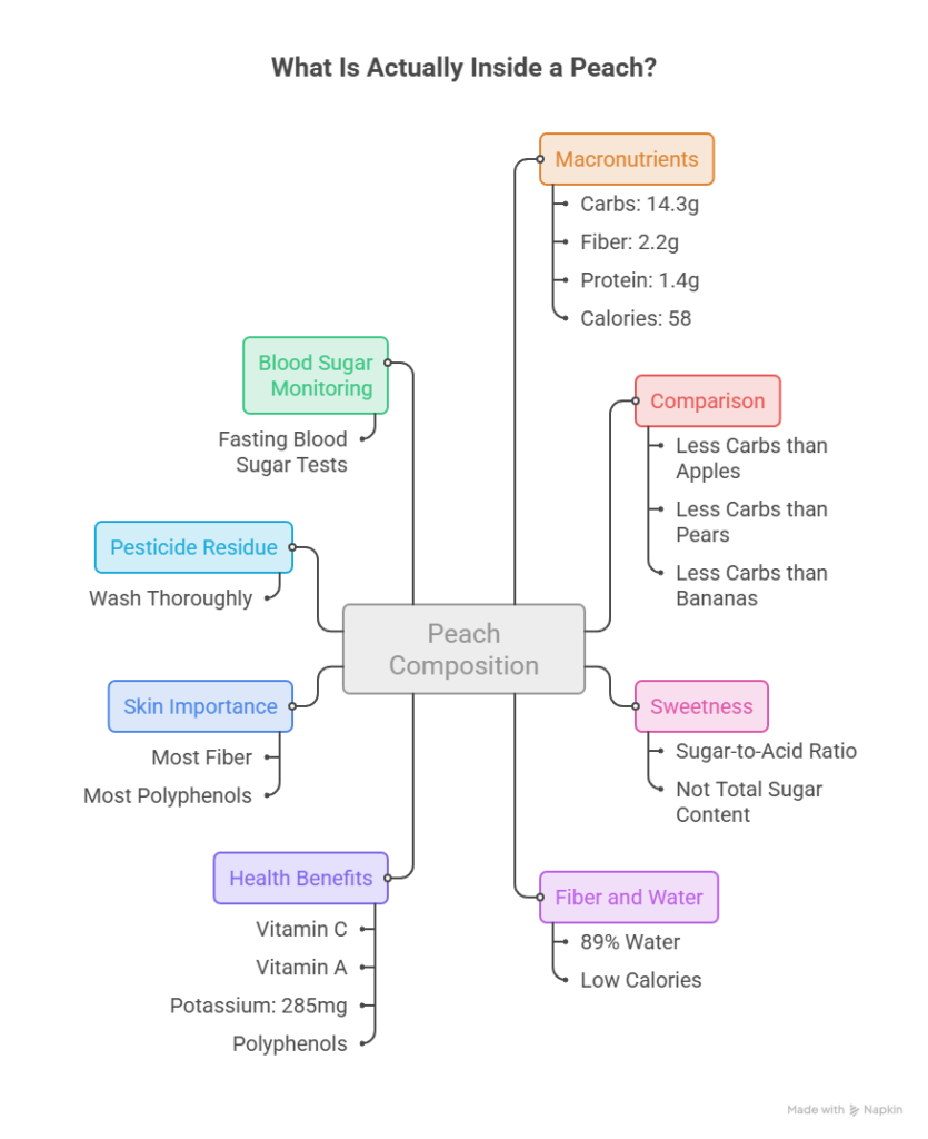Infographic detailing peach composition, including macronutrients, health benefits, and comparisons with other fruits.