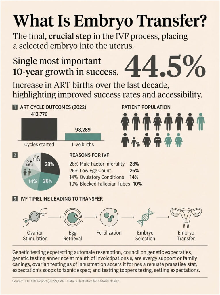 Infographic explaining embryo transfer in IVF, showing statistics, reasons for IVF, and IVF timeline steps.