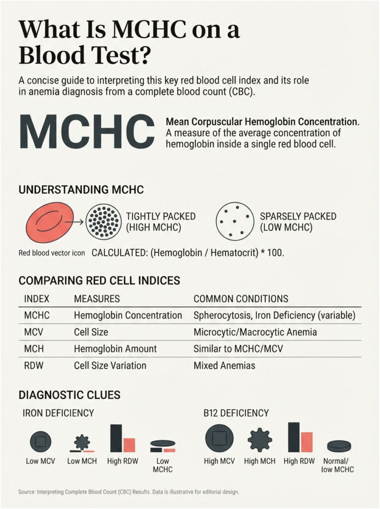 Infographic explaining MCHC in blood tests with charts, definitions, and diagnostic clues for anemia.