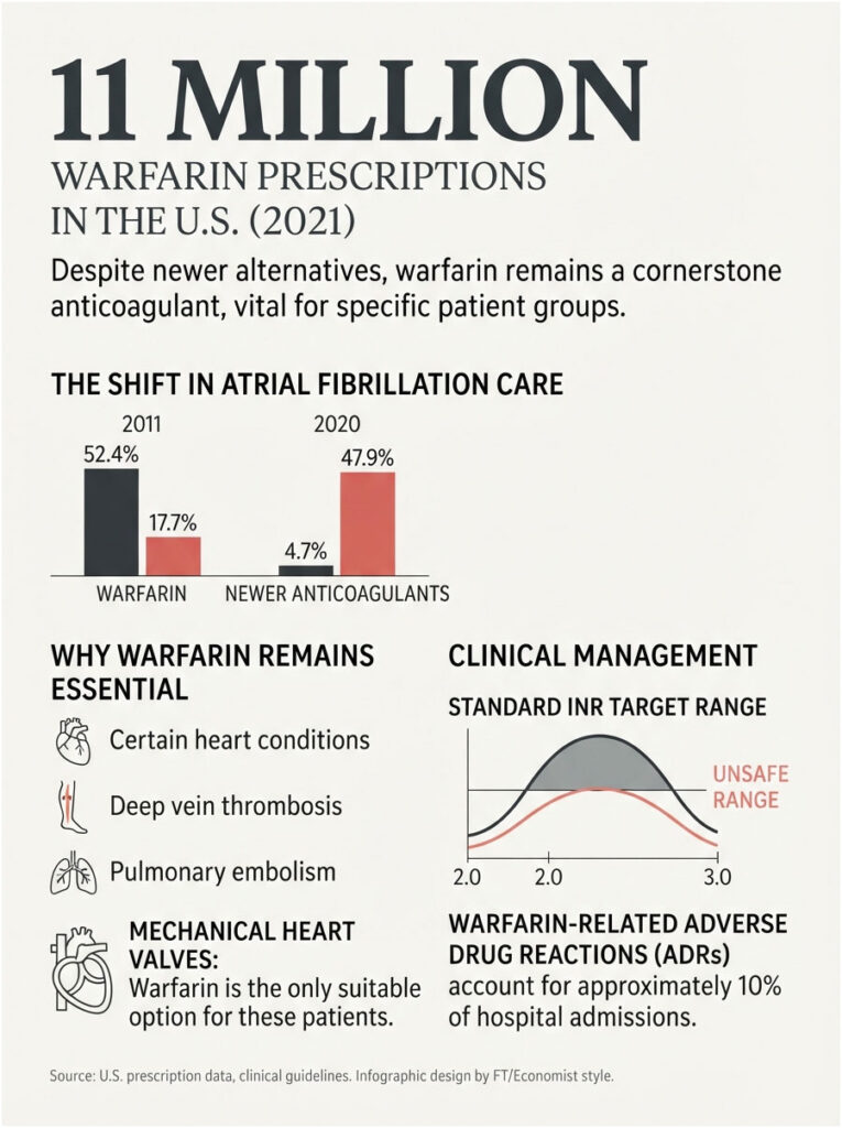 Infographic showing 11 million warfarin prescriptions in the U.S. with data on atrial fibrillation care and clinical management.