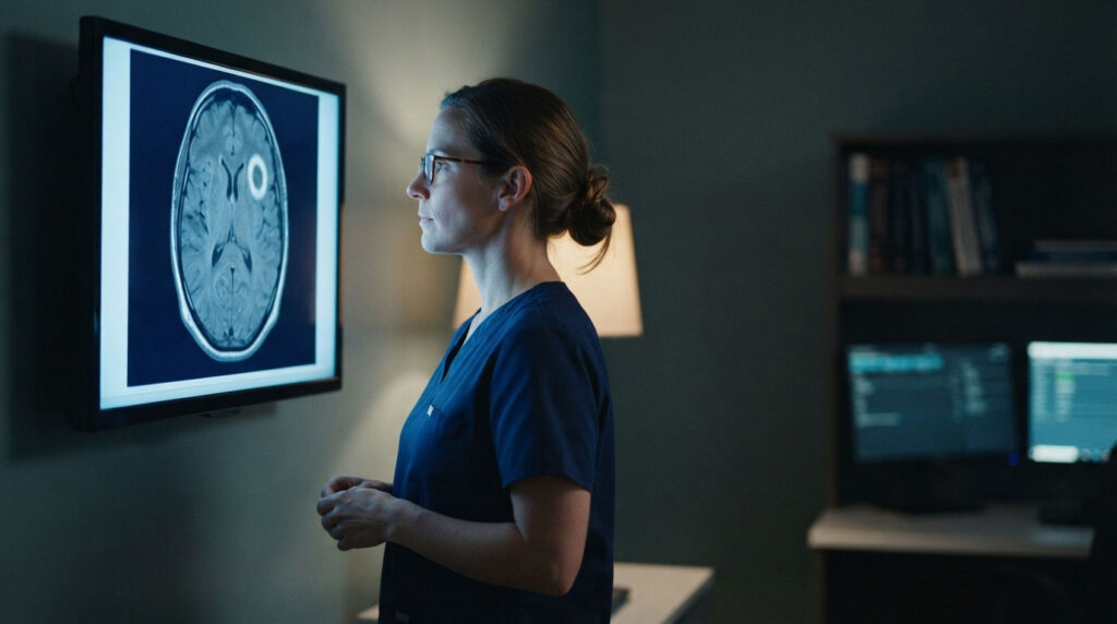 A healthcare professional examines a brain scan on a screen in a dimly lit room.