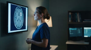 A healthcare professional examines a brain scan on a screen in a dimly lit room.