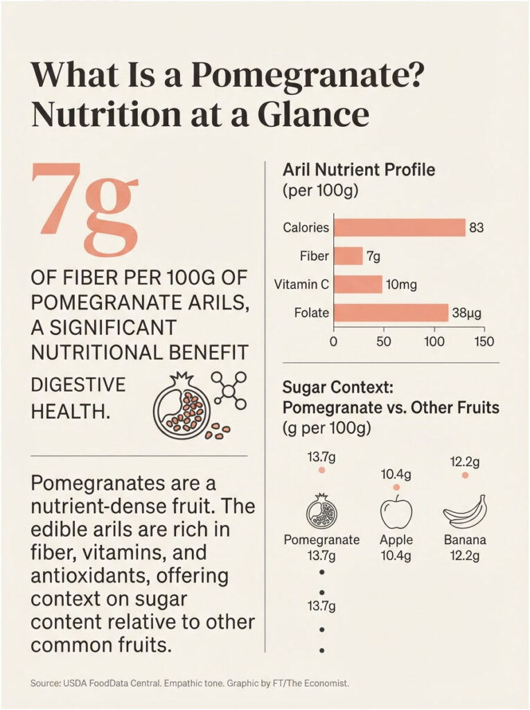 Infographic showing pomegranate nutrition, fiber content, and sugar comparison with apple and banana.