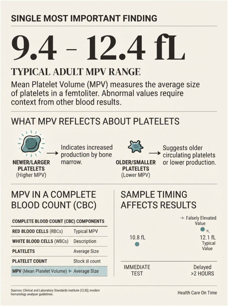 Infographic detailing Mean Platelet Volume (MPV) range, factors affecting platelets, and blood test results.