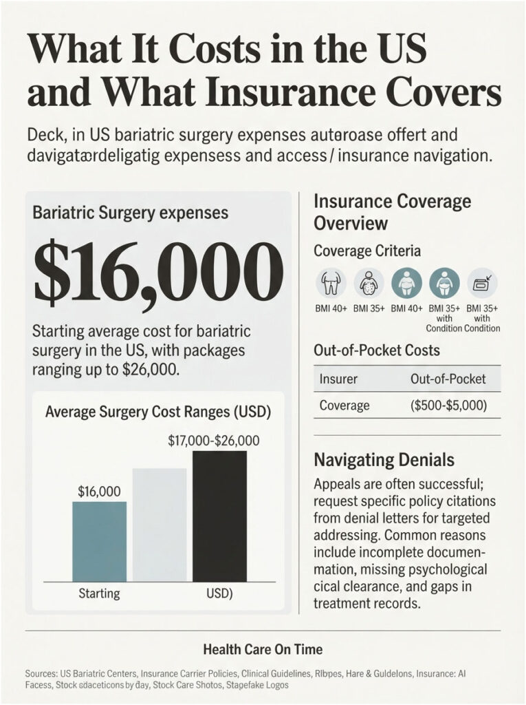 Infographic showing bariatric surgery costs in the US, with average expenses and insurance coverage details.