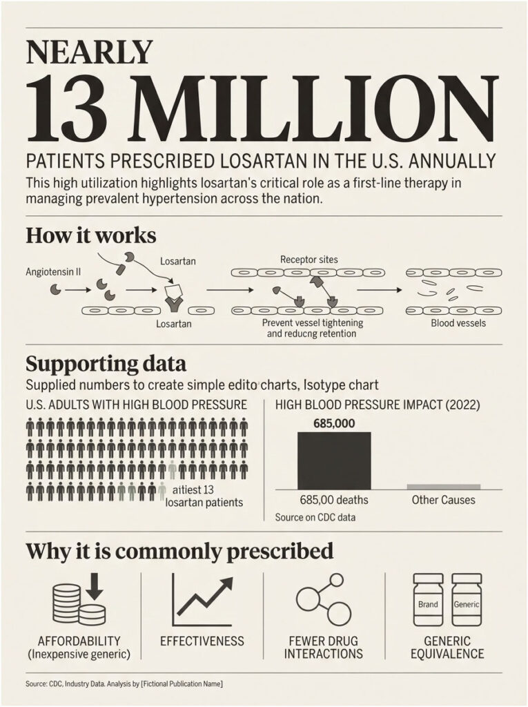 Infographic showing nearly 13 million patients prescribed Losartan, with charts on hypertension and prescription reasons.