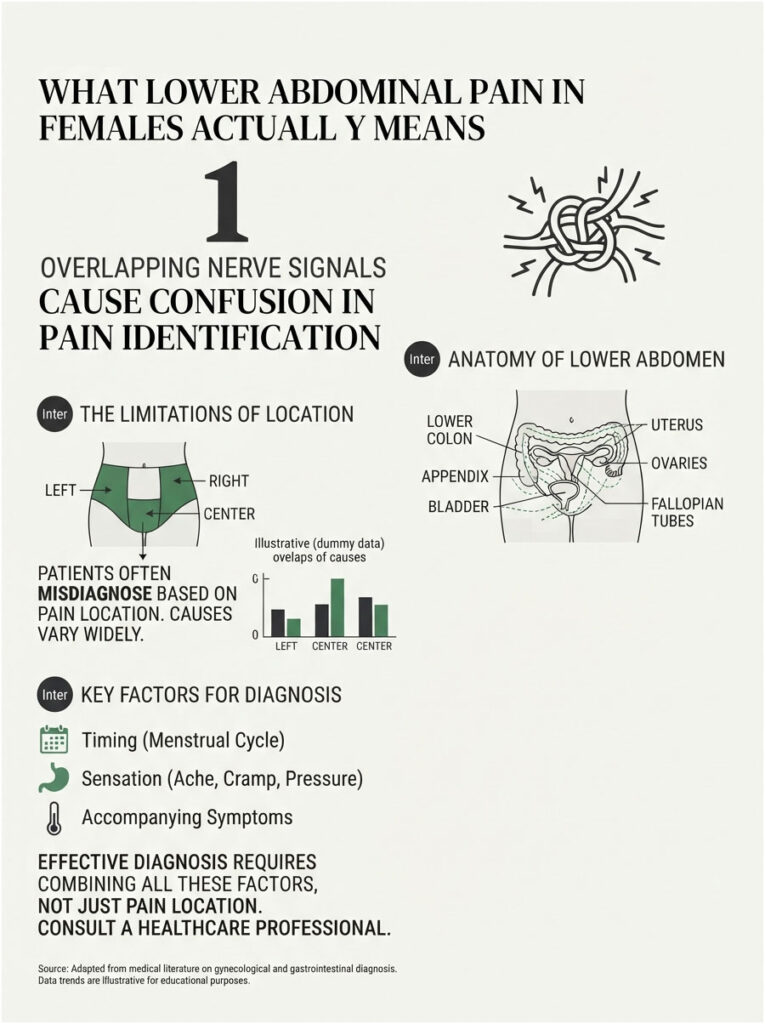 Infographic explaining lower abdominal pain in females, featuring charts, anatomy illustration, and key diagnostic factors.