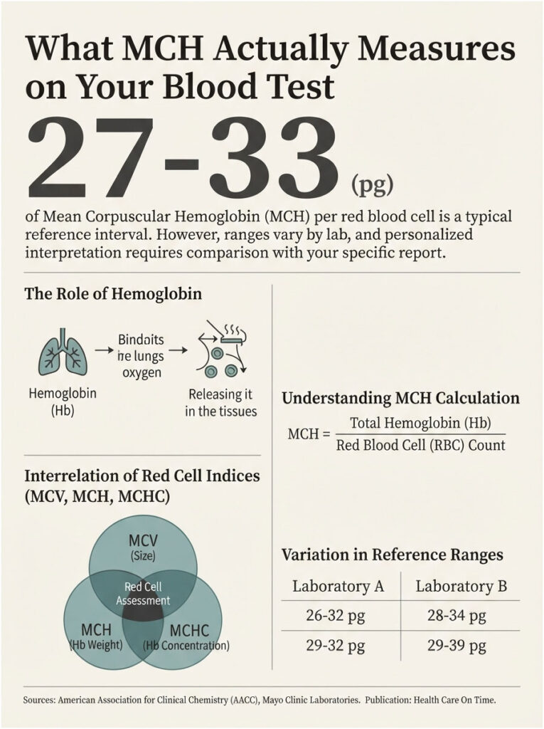 Infographic explaining Mean Corpuscular Hemoglobin (MCH) measurements, including charts and definitions.