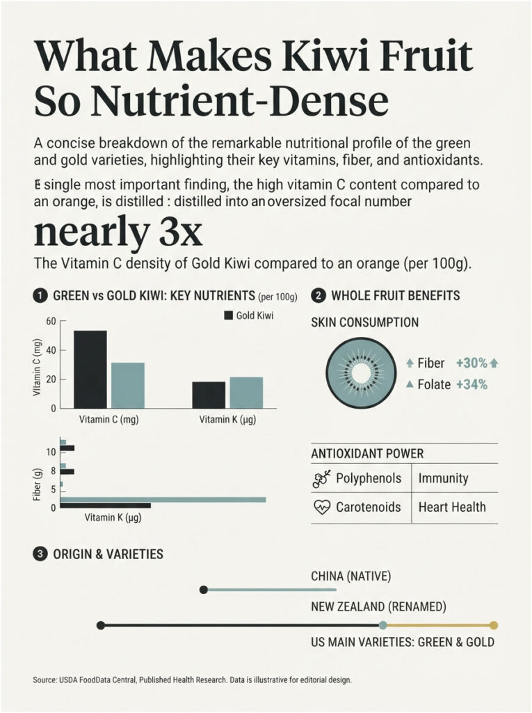 Infographic comparing nutrient density of green and gold kiwi, highlighting vitamin C, fiber, and antioxidant benefits.
