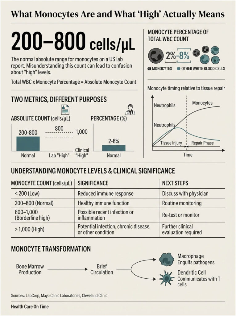 Infographic explaining monocyte levels, including ranges, significance, and transformation processes.