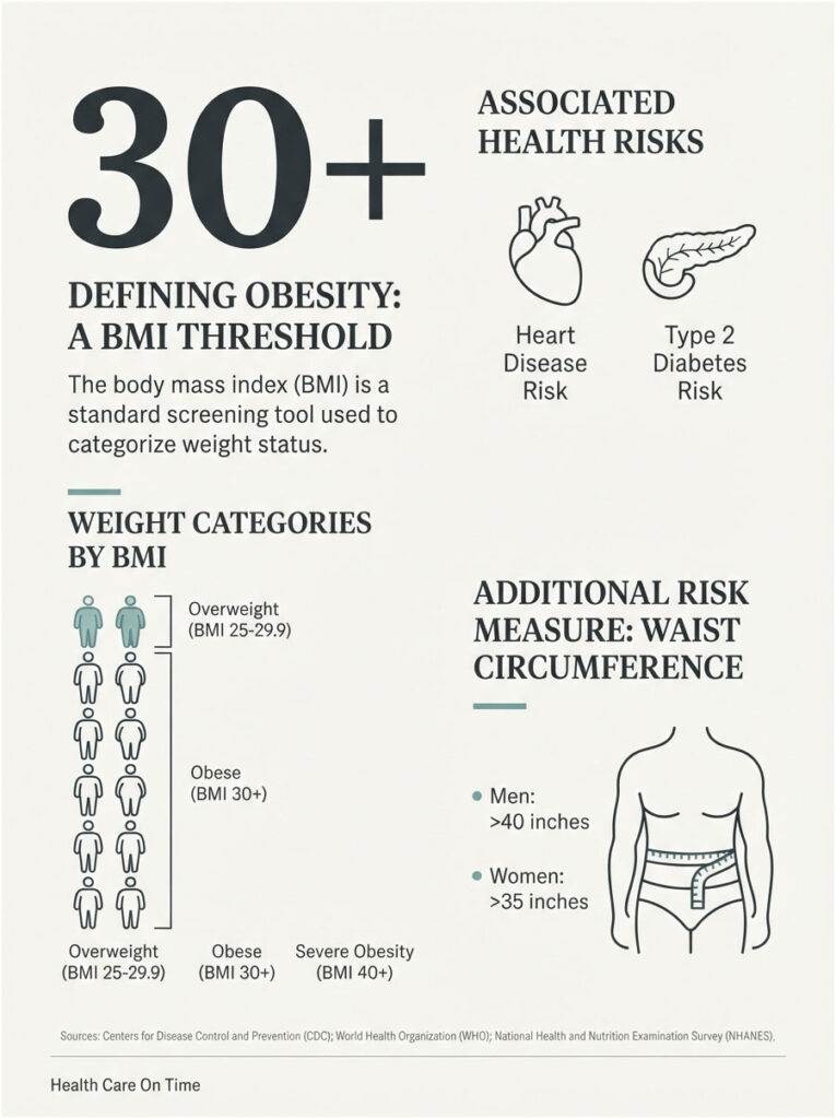Infographic defining obesity with BMI categories, health risks, and waist circumference measures for men and women.