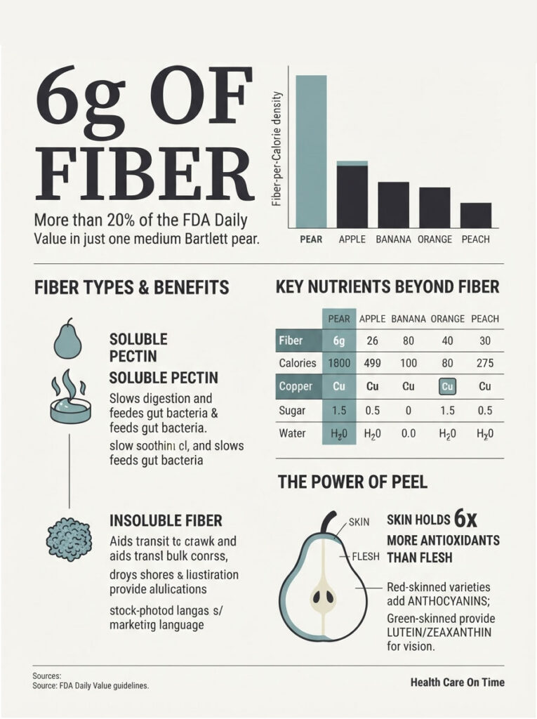 Infographic showing fiber content in fruits, highlighting pear with 6g fiber, benefits, and nutrient comparisons.