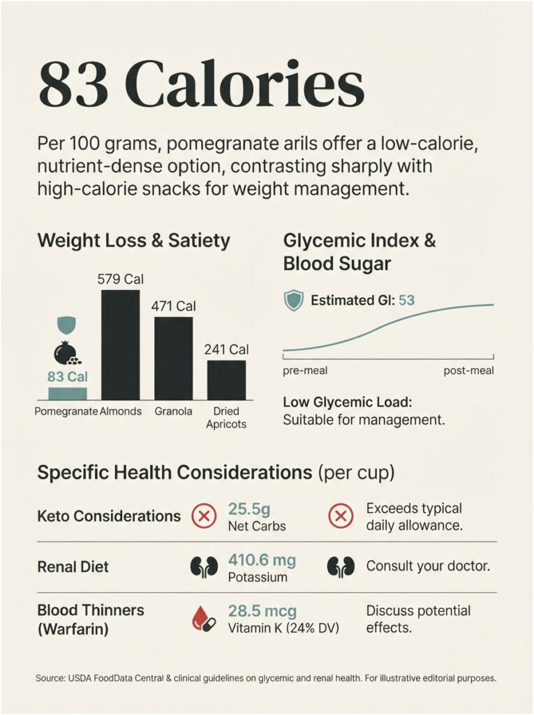 Infographic detailing pomegranate arils' calories, health benefits, and comparisons with almonds, granola, and dried apricots.