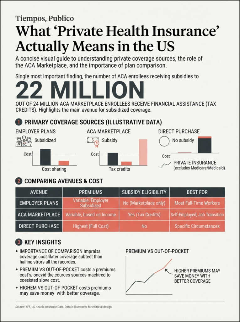 Infographic explaining private health insurance in the US, highlighting 22 million ACA enrollees receiving subsidies, costs, and comparisons.
