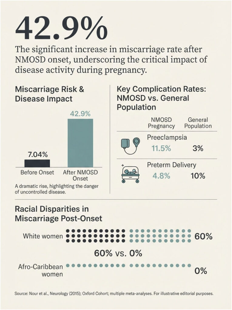 Infographic showing miscarriage rates and complications in NMOSD pregnancies, highlighting racial disparities in outcomes.