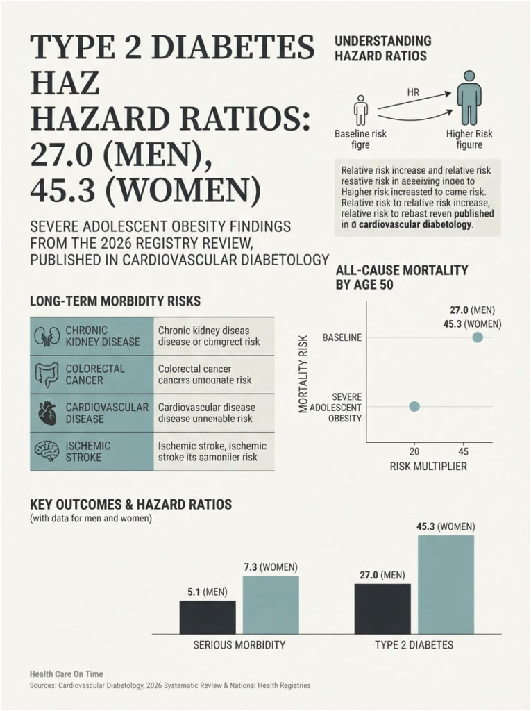 Infographic showing Type 2 diabetes hazard ratios: 27.0 for men, 45.3 for women, with morbidity risks and mortality data.