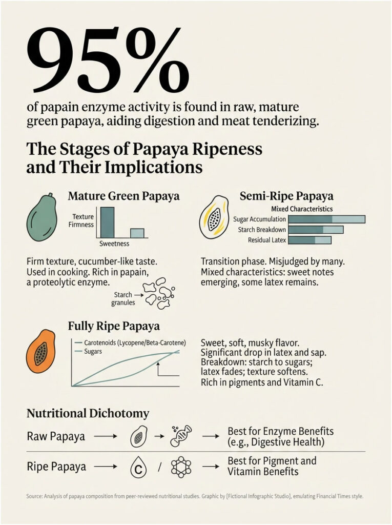 Infographic showing stages of papaya ripeness with charts on texture, sweetness, and nutritional benefits.