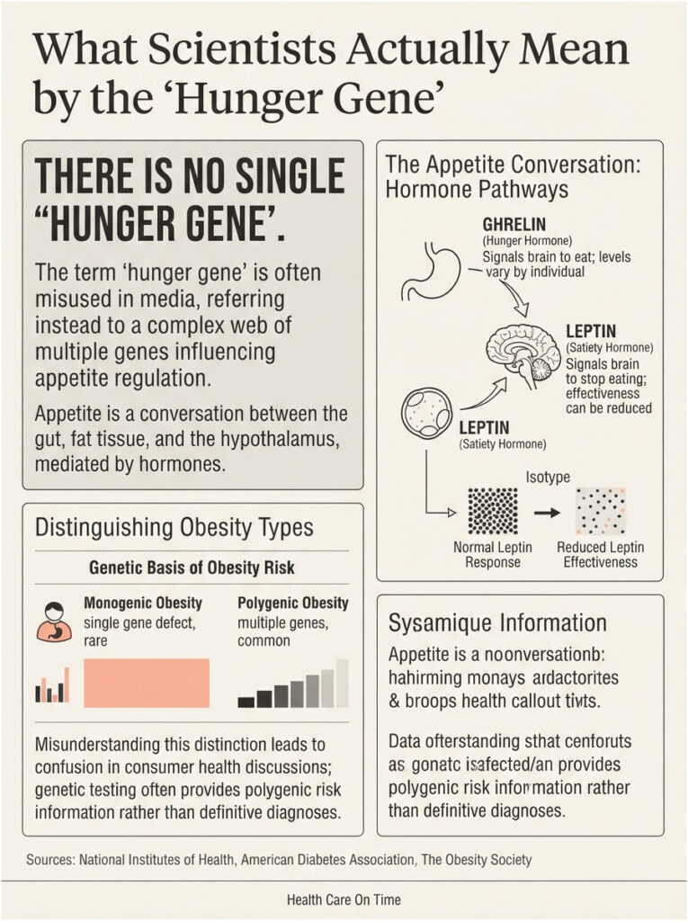 Infographic explaining the 'Hunger Gene' with hormone pathways, obesity types, and key information on appetite regulation.