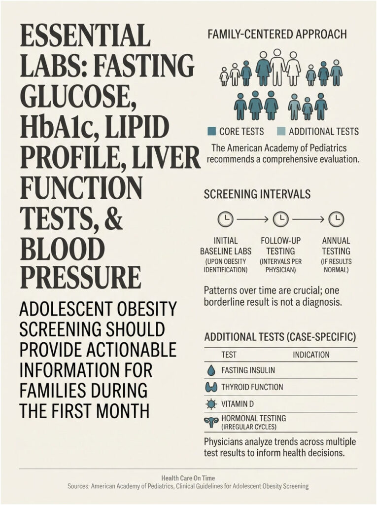 Infographic detailing essential labs for adolescent obesity screening, including tests and intervals for evaluation.