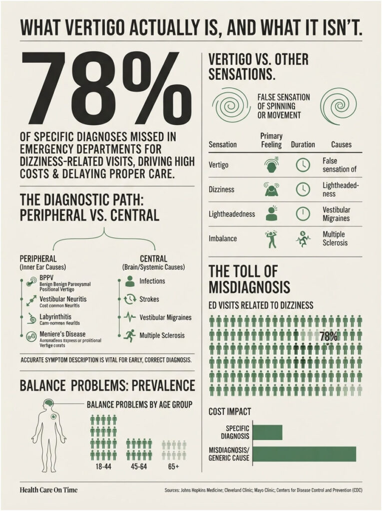Infographic detailing vertigo, its causes, and misdiagnosis statistics in emergency departments.