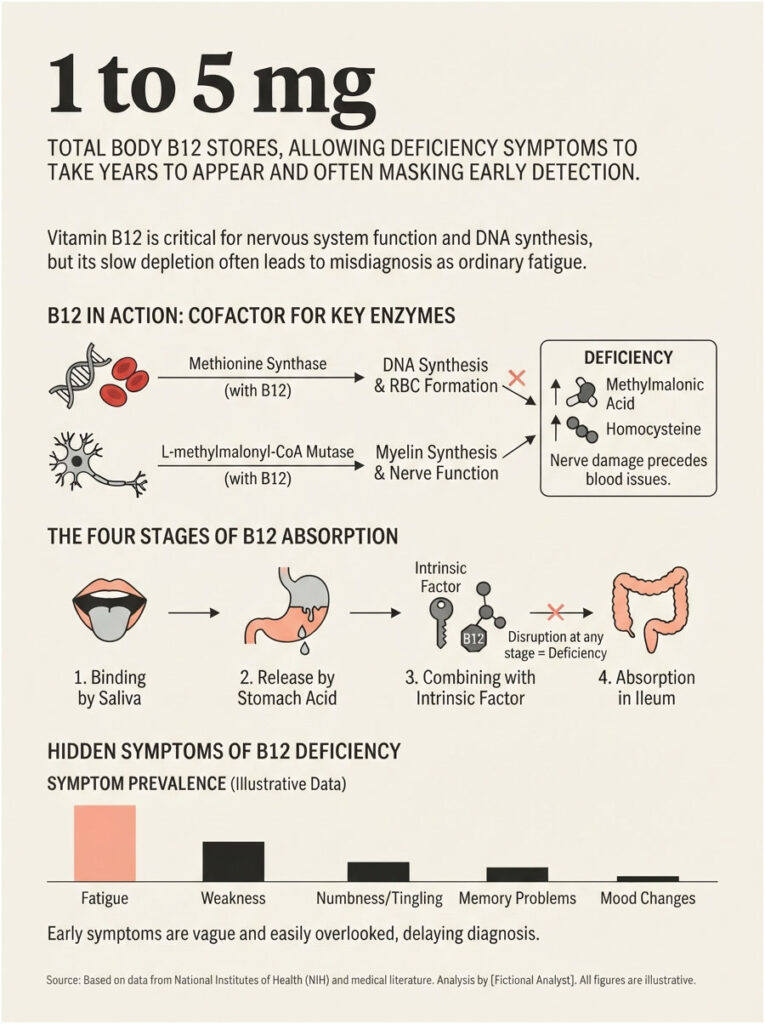 Infographic showing Vitamin B12 importance, absorption stages, and deficiency symptoms with charts and illustrations.