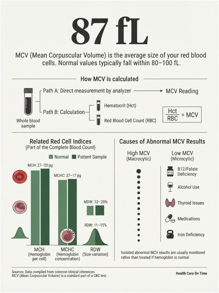 Infographic explaining MCV with charts on red cell indices and causes of abnormal results, showing normal and patient data.