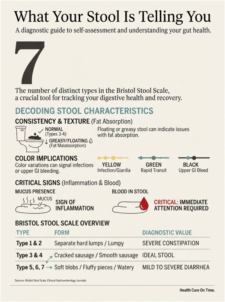 Infographic explaining the Bristol Stool Scale with types, characteristics, and health implications.