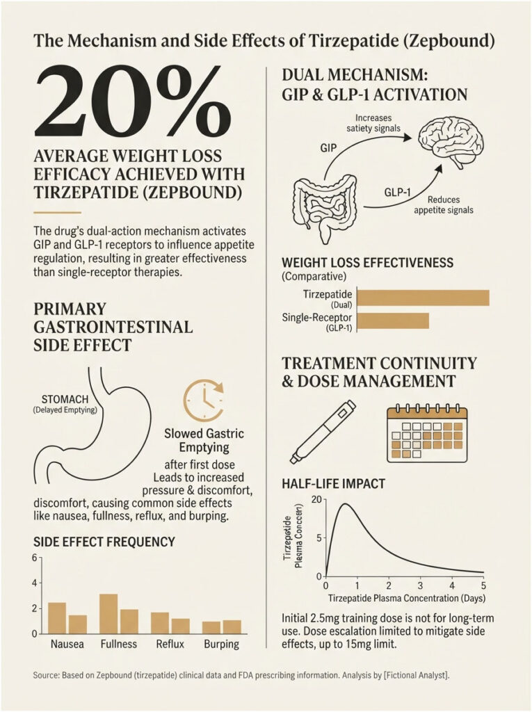 Infographic detailing Tirzepatide's weight loss efficacy, mechanism, side effects, and treatment management.