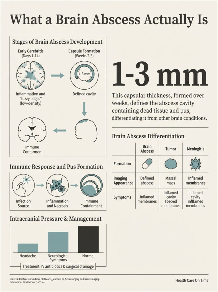 Infographic illustrating brain abscess stages, immune response, and differentiation with charts and icons.