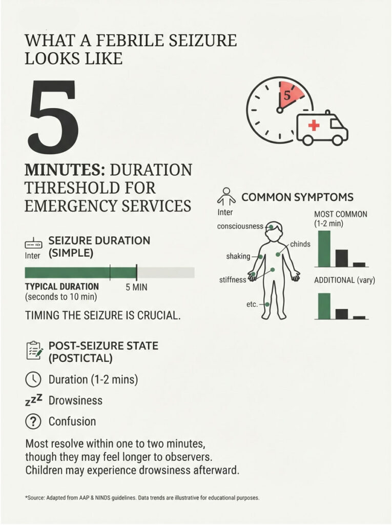Infographic explaining febrile seizures, highlighting 5 minutes as emergency threshold and common symptoms.