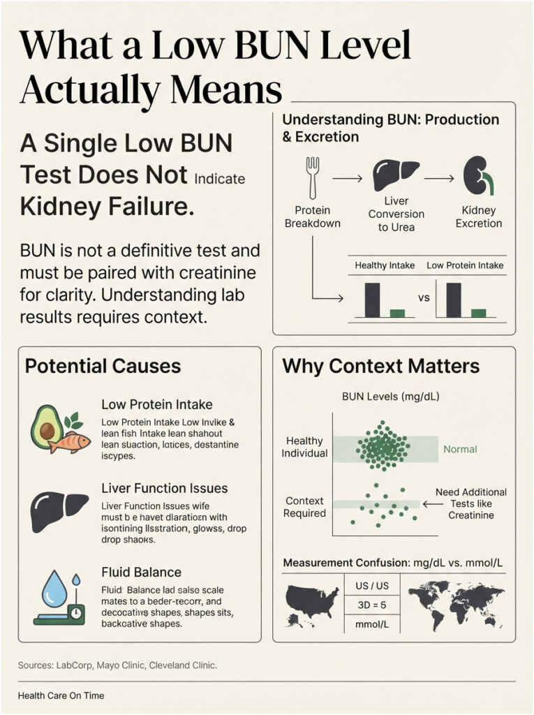 Infographic explaining low BUN levels, causes, and context with charts and icons related to protein intake and kidney function.