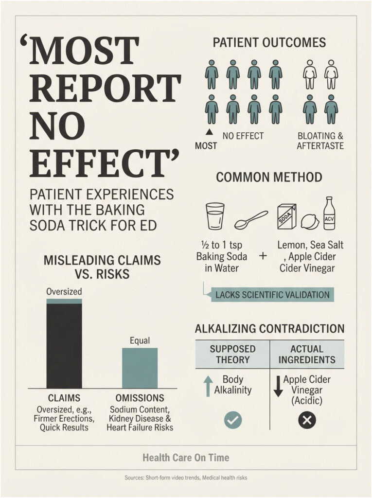 Infographic showing patient experiences with baking soda for ED, including claims, risks, and common methods.