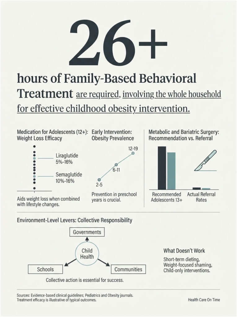 Infographic showing 26+ hours of family-based behavioral treatment for childhood obesity, with charts and statistics.