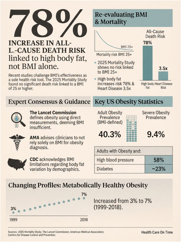 Infographic showing obesity statistics, BMI re-evaluation, and health risks related to body fat and obesity.