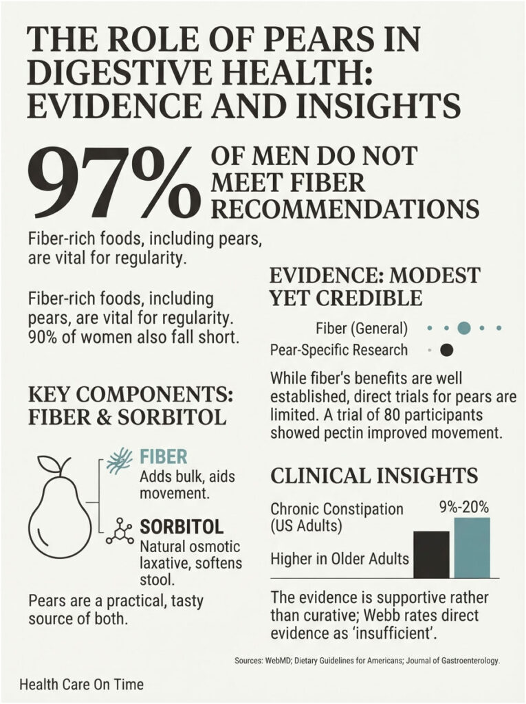 Infographic on pears' role in digestive health, highlighting fiber and sorbitol benefits, statistics, and insights.
