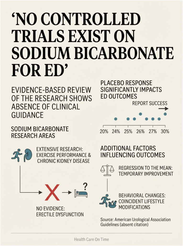 Infographic showing sodium bicarbonate research areas and lack of evidence for erectile dysfunction treatment.