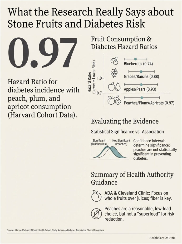 Infographic showing diabetes hazard ratios for stone fruits, highlighting blueberries, grapes, apples, and peaches.