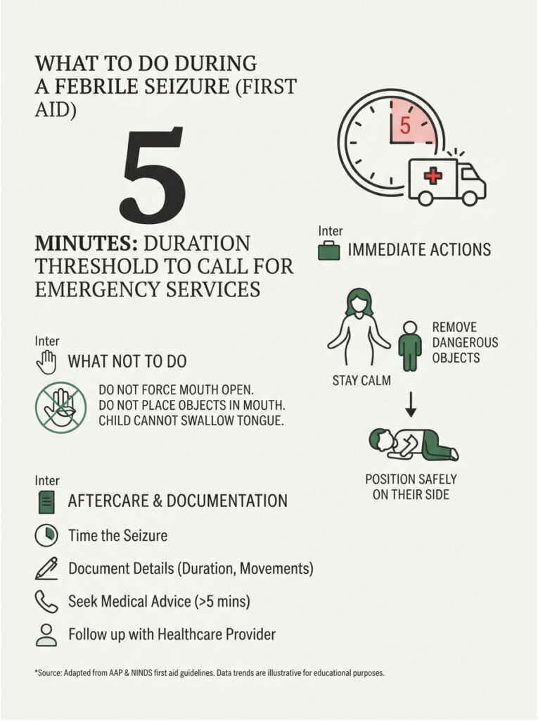 Infographic on first aid for febrile seizures, detailing actions and precautions during a seizure event.