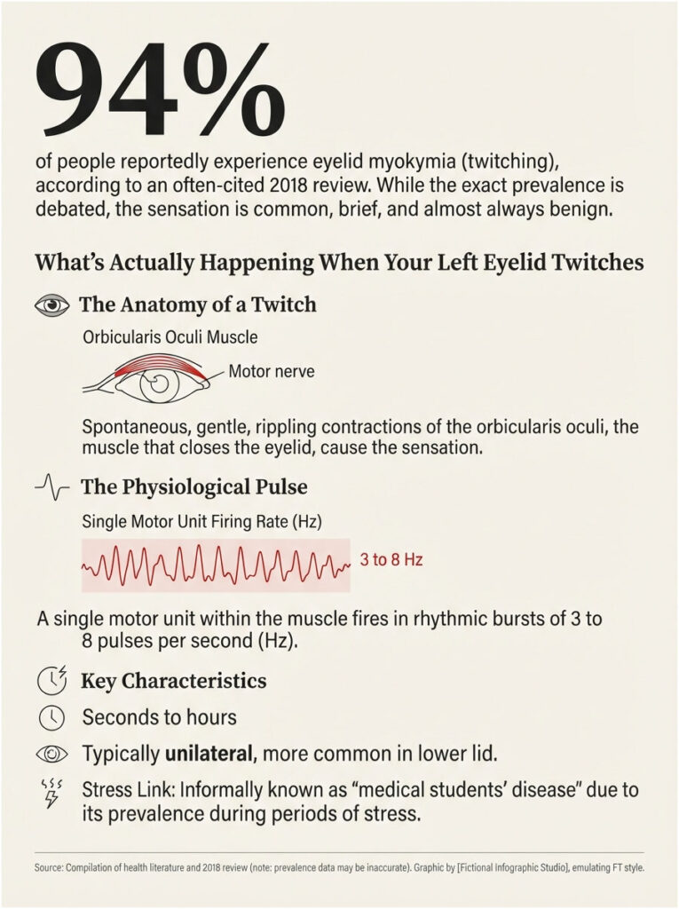 Infographic explaining eyelid twitching, featuring statistics, muscle anatomy, and physiological details.