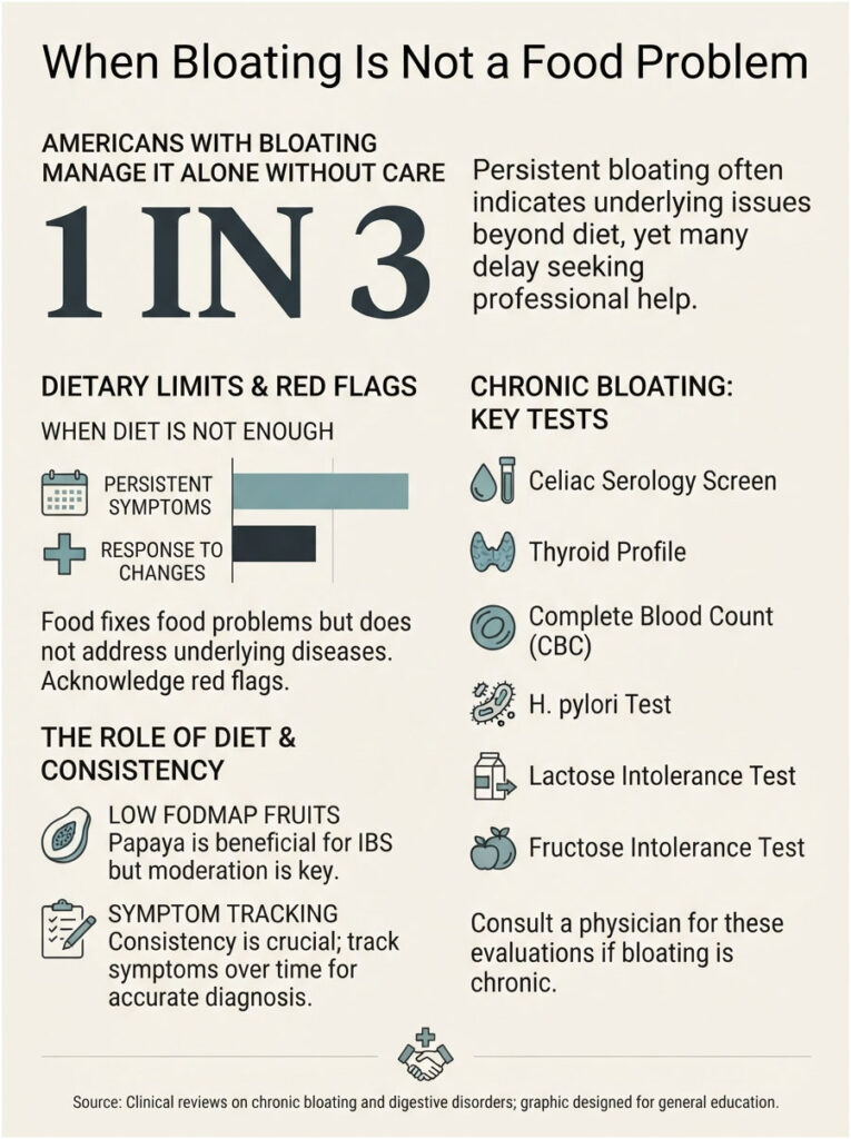 Infographic showing bloating management, key tests, dietary limits, and symptom tracking for chronic bloating.