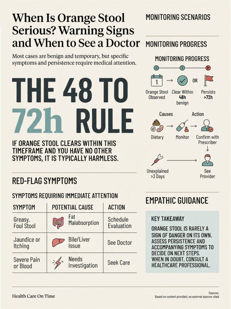 Infographic explaining orange stool, monitoring scenarios, red-flag symptoms, and actions to take.