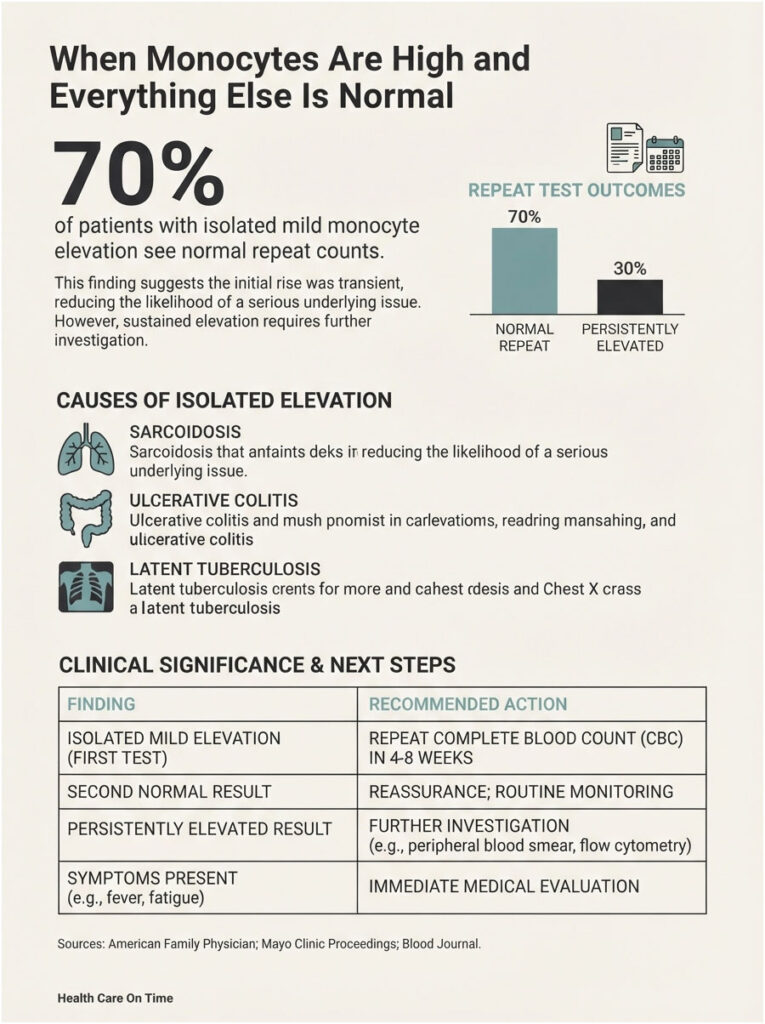 Infographic showing 70% of patients with isolated mild monocyte elevation see normal repeat counts and causes.