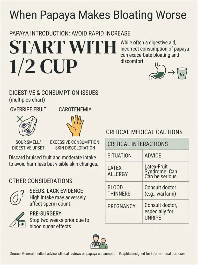 Infographic on papaya consumption, highlighting bloating issues and medical cautions with charts and icons.